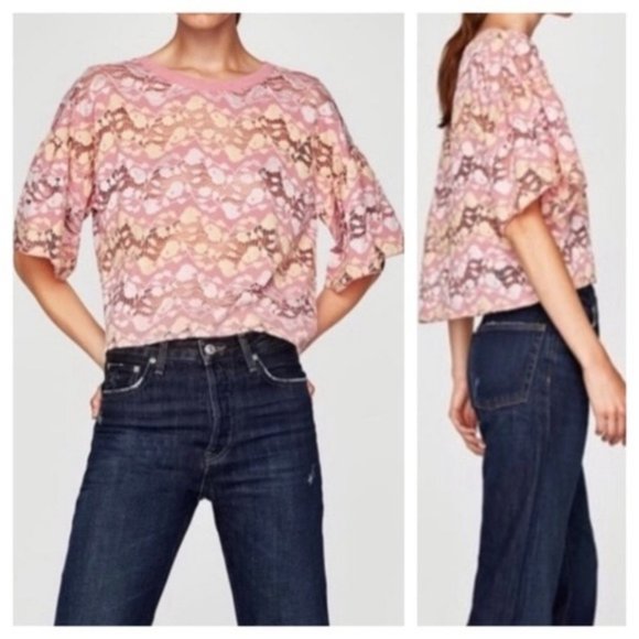 Zara Floral Lace Crop Bell Sleeve Top - Picture 3 of 4